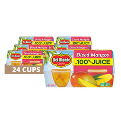 Del Monte Diced Mango close-up, juicy mango chunks in juice for on-the-go snacking