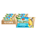 Del Monte Escapes Pineapple Pina Colada cup with real fruit pieces for a tropical snack.