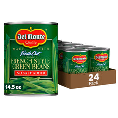Del Monte Fresh Cut Blue Lake beans in a can label, no salt added, ready for customizable meals.