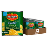 Del Monte Fresh Cut Golden Sweet Corn cans in a 12-pack for easy pantry storage