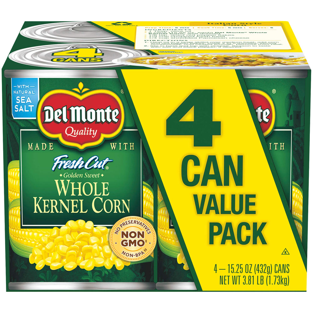 Del Monte Fresh Cut Golden Sweet Corn Cans with golden kernels, ideal for quick sides