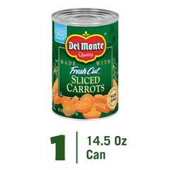 Del Monte Fresh Cut Sliced Carrots can side angle, ideal for quick dinners.