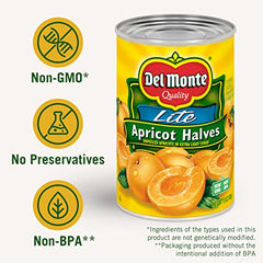 Close-up of Del Monte apricot halves in syrup, ideal for baking fillings.
