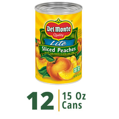 Del Monte peaches slices in extra light syrup ready for desserts.
