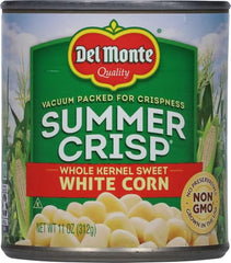 Del Monte Summer Crisp White Corn open can, perfect for quick salads and bowls.