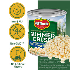 Del Monte Summer Crisp White Shoepeg Corn ingredients panel highlights non-GMO and four simple ingredients.
