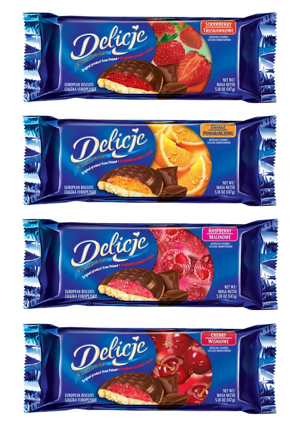 Delicje strawberry-filled cookie with chocolate coating, ideal with coffee.