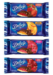 Delicje strawberry-filled cookie with chocolate coating, ideal with coffee.