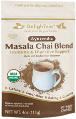 DelighTeas Organic Masala Chai Powder bottle pouring for caffeine-free tea rituals