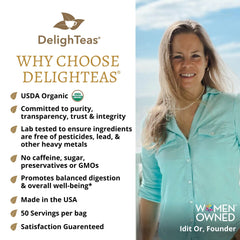 DelighTeas Stomach & Liver Tea loose-leaf form highlights caffeine-free vegan blend.