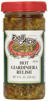 Dell'Alpe Giardiniera Relish Hot jar with spicy vegetables for a vibrant sandwich topping.