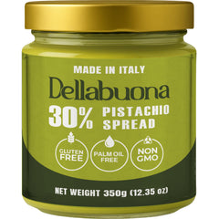 Dellabuona Pistachio Cream jar close-up shows rich texture for gourmet spreads.