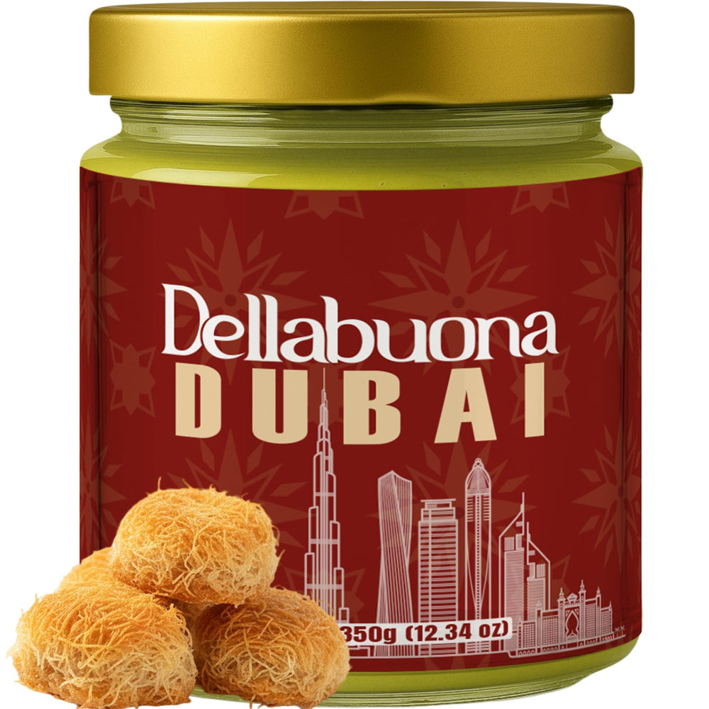 Dellabuona pistachio cream in glass jar, premium spread with kataifi texture