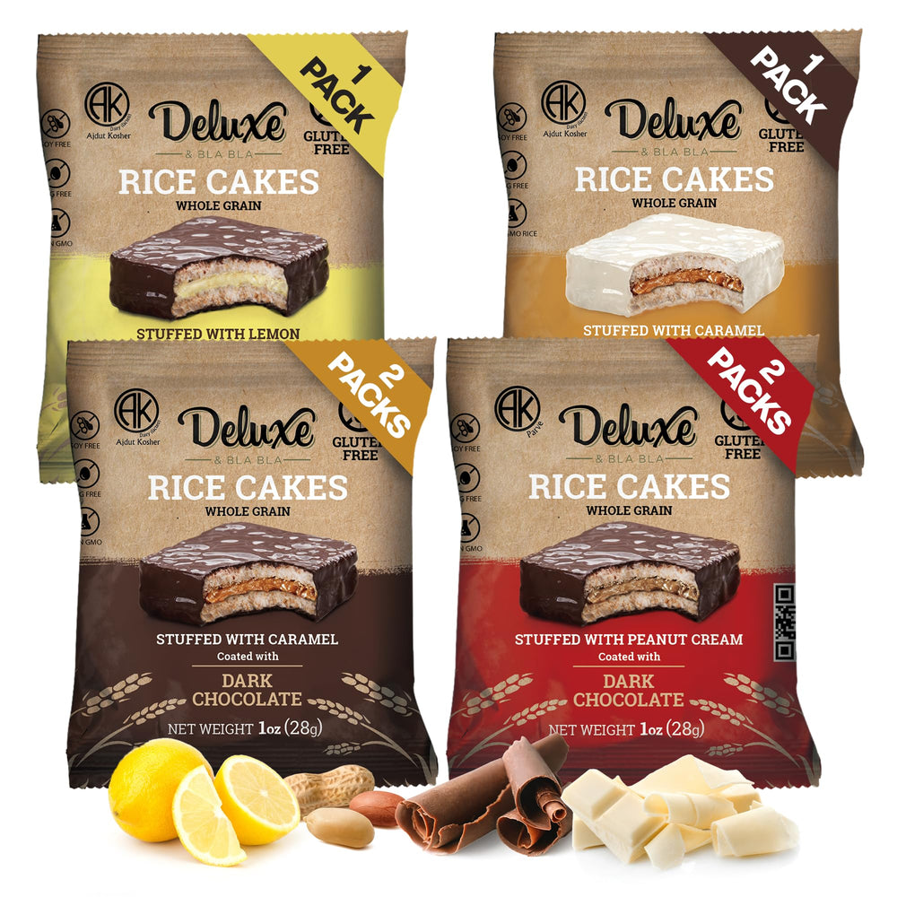 Deluxe and Bla Bla stuffed rice cakes with chocolate coating, satisfying low-calorie treat.