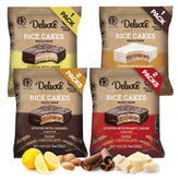 Deluxe and Bla Bla stuffed rice cakes with chocolate coating, satisfying low-calorie treat.