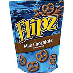 Demet's Flipz milk chocolate pretzels packaging, ideal for on-the-go snacking.