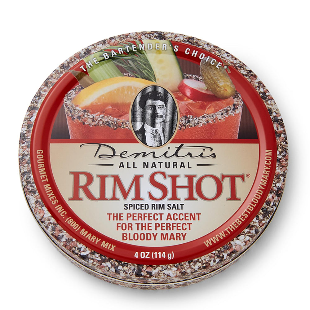 Demitri's RimShot Bloody Mary rim salt tin front enhances cocktails with bold, savory flavor.