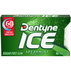 Dentyne Ice Spearmint 16 pieces closeup emphasizes sugar-free minty chew.