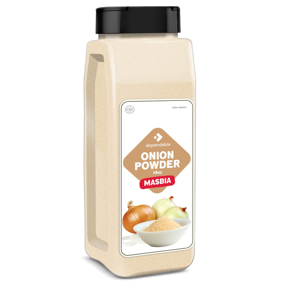 Dependable Foods Onion Powder jar shows pure onion flavor for sauces and gravies.