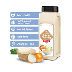 Dependable Foods onion powder poured from the jar for soups and dips.