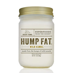 Desert Farms camel fat bottle highlighting high smoke point for frying.