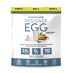 Designer Wellness Designer Egg Vanilla protein powder display showing 24 g protein per serving and keto suitability