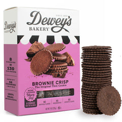 Dewey's Bakery Brownie Crisp hero shot shows thin cookies with bold flavor for a quick snack.