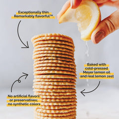 Dewey's Meyer Lemon Cookie Thins open box reveals crisp, lemony cookies.