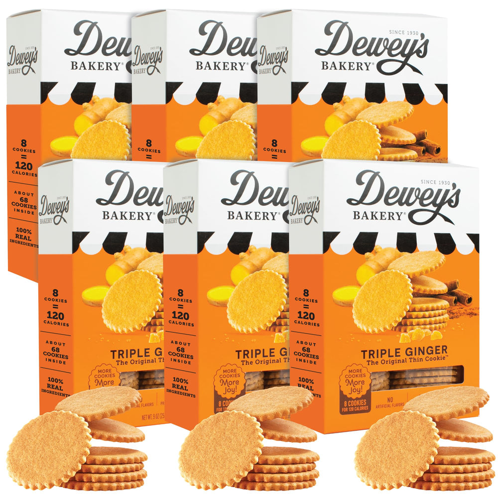 Dewey's Bakery triple ginger Moravian thin cookies pack shows crisp texture and bold ginger flavor.