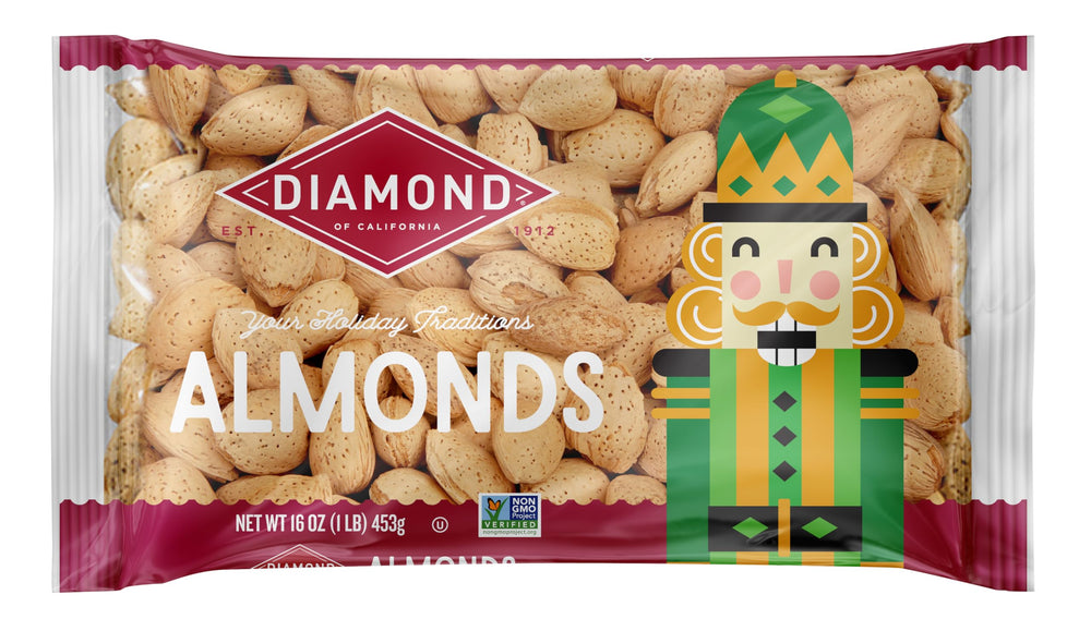 Diamond of California inshell Peerless almonds closeup, rich snacking texture