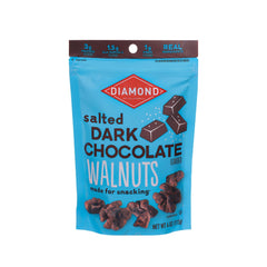 Diamond of California salted dark chocolate walnuts in a 4oz bag closeup for snack-ready flavor
