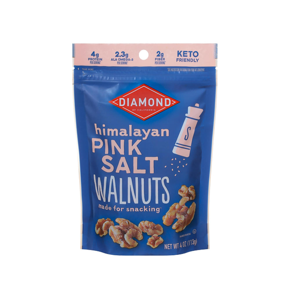 Diamond of California Himalayan Pink Salt Walnuts in a resealable bag, ready-to-eat protein snack.