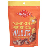 Diamonds Nuts Pumpkin Pie Spice Walnuts 4 oz bag, roasted to perfection for snacking.