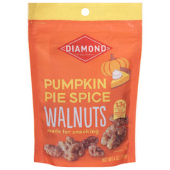 Diamonds Nuts Pumpkin Pie Spice Walnuts 4 oz bag, roasted to perfection for snacking.