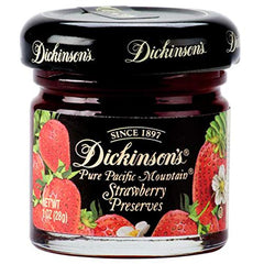 Dickinson's Pure Pacific Mountain Strawberry Preserves jar—ideal topping for upscale hotel breakfasts.