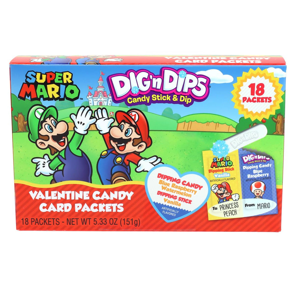 Dig'n Dips Super Mario 18-count Valentine front view, ideal for sharing at parties.