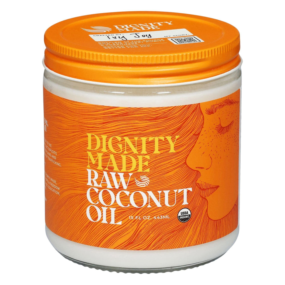 Dignity Coconuts raw organic coconut oil bottle closeup for versatile skin and hair care
