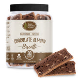 DIJAS Natural Foods biscotti chocolate almond packaging highlights all-natural, preservative-free ingredients for a light snack.