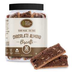 DIJAS Natural Foods biscotti chocolate almond packaging highlights all-natural, preservative-free ingredients for a light snack.