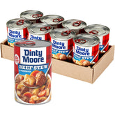 DINTY MOORE Beef Stew can with hearty beef and vegetables, protein-rich ready-to-eat option.
