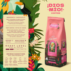 Dios Mio coffee bag label closeup highlights flavor notes and fair trade story.