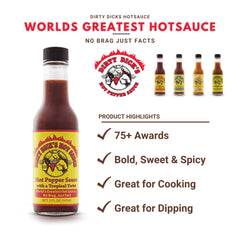 Dirty Dicks Original Hot Sauce label closeup highlighting fruit-based flavor notes