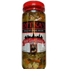 Ditka's Hot Giardiniera in a 16oz jar, ideal as a zesty topping for sandwiches