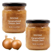 Divina caramelized onion jam jar close-up, glossy amber hue ideal for gourmet spreads