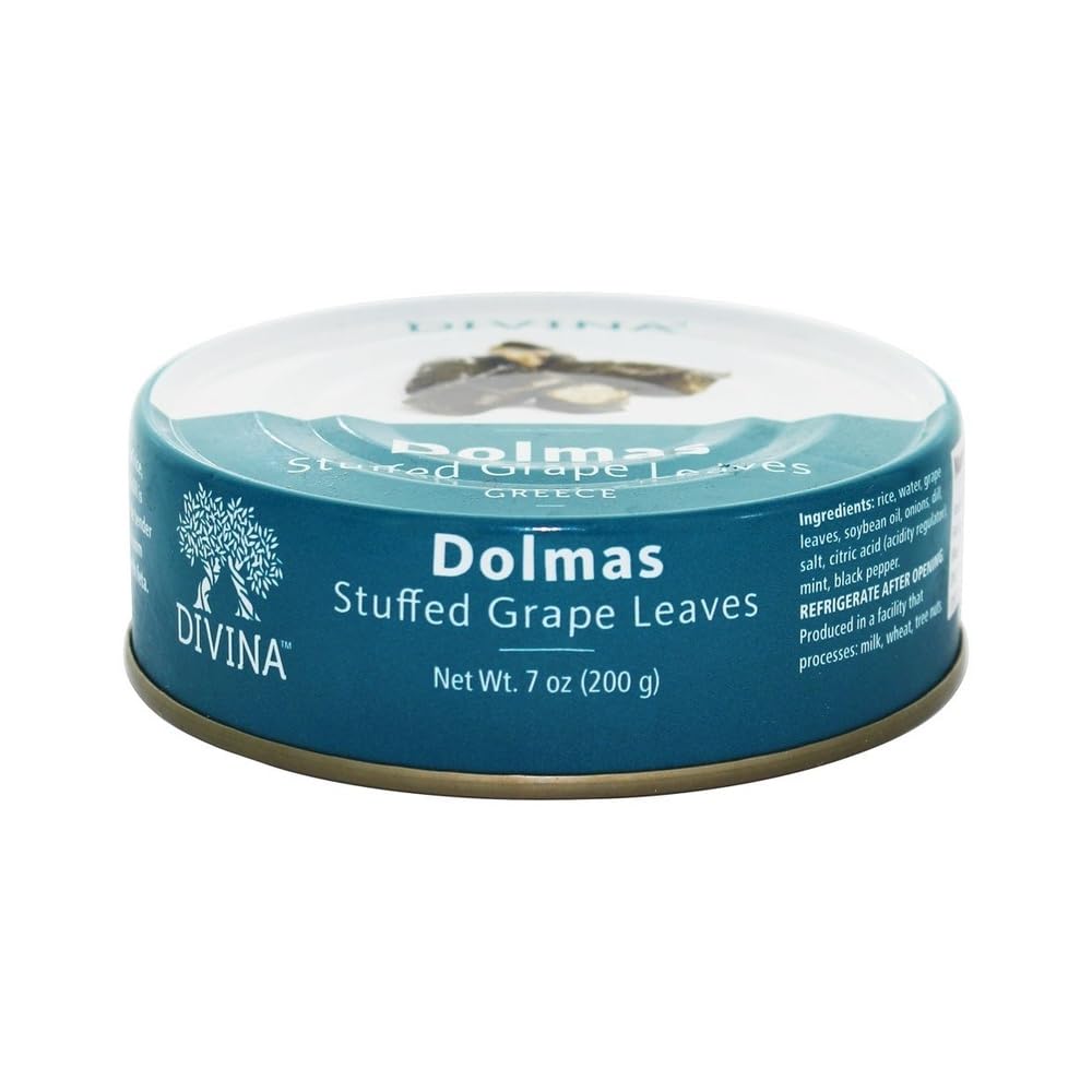Divina Dolmas stuffed grape leaves in a 7oz jar, ideal for convenient Mediterranean snacking