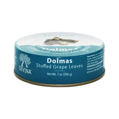 Divina Dolmas stuffed grape leaves in a 7oz jar, ideal for convenient Mediterranean snacking