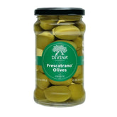 Divina Frescatrano Olives in a glass jar, ideal for antipasti.