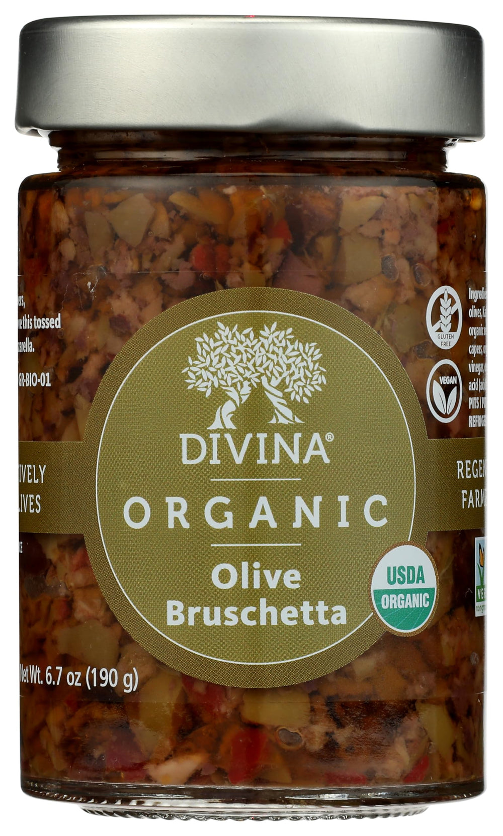 Divina Olive Bruschetta jar close-up—ready-to-spread topping.