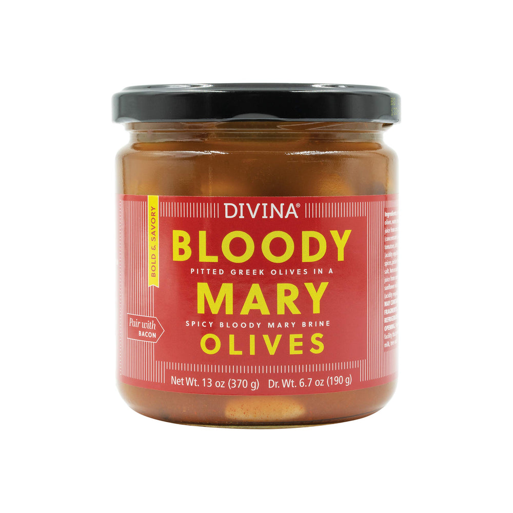 Divina Bloody Mary olives in a jar with bold marinade, ideal for brunch.