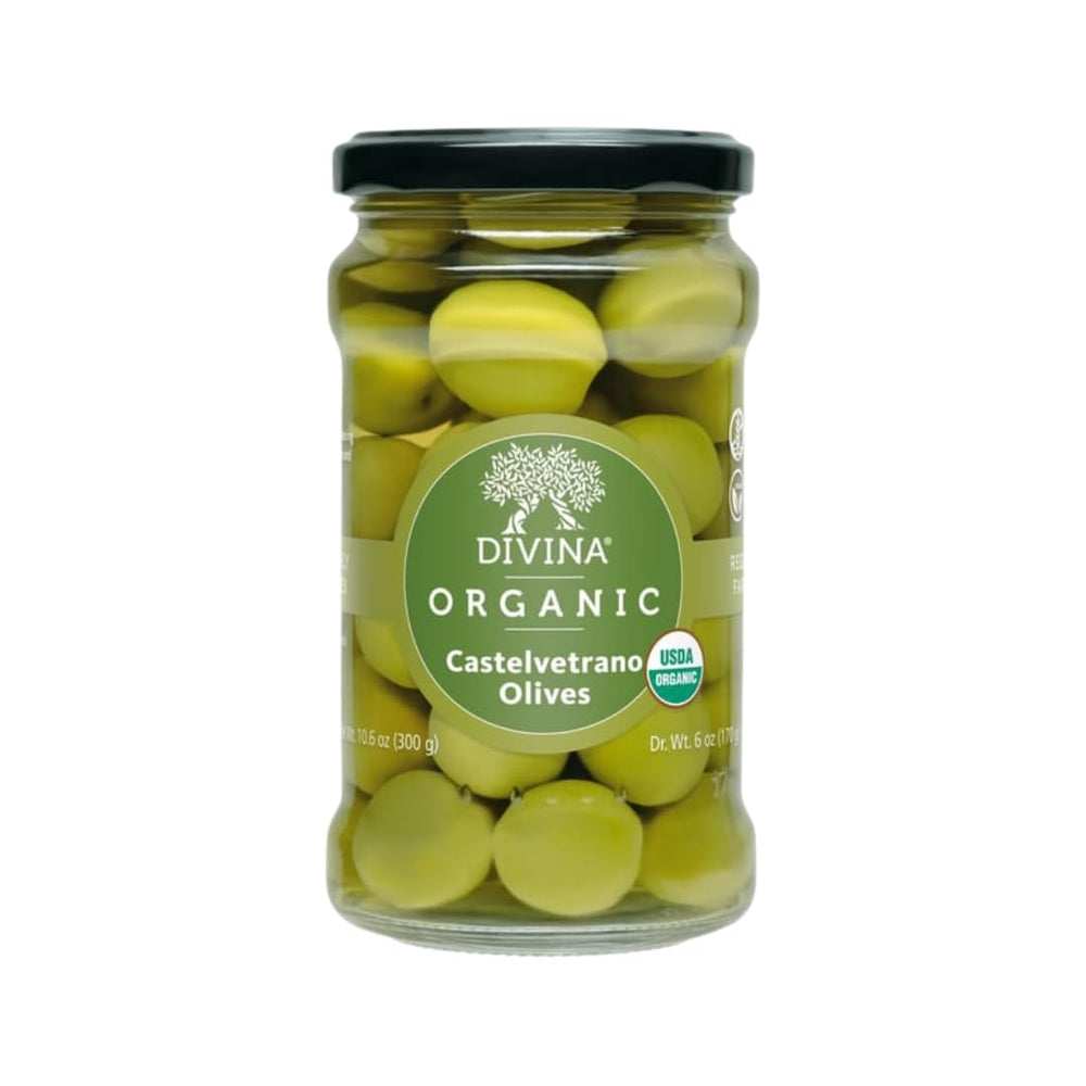 Divina Organic Castelvetrano olives in a jar show a mild, buttery flavor and plump texture.